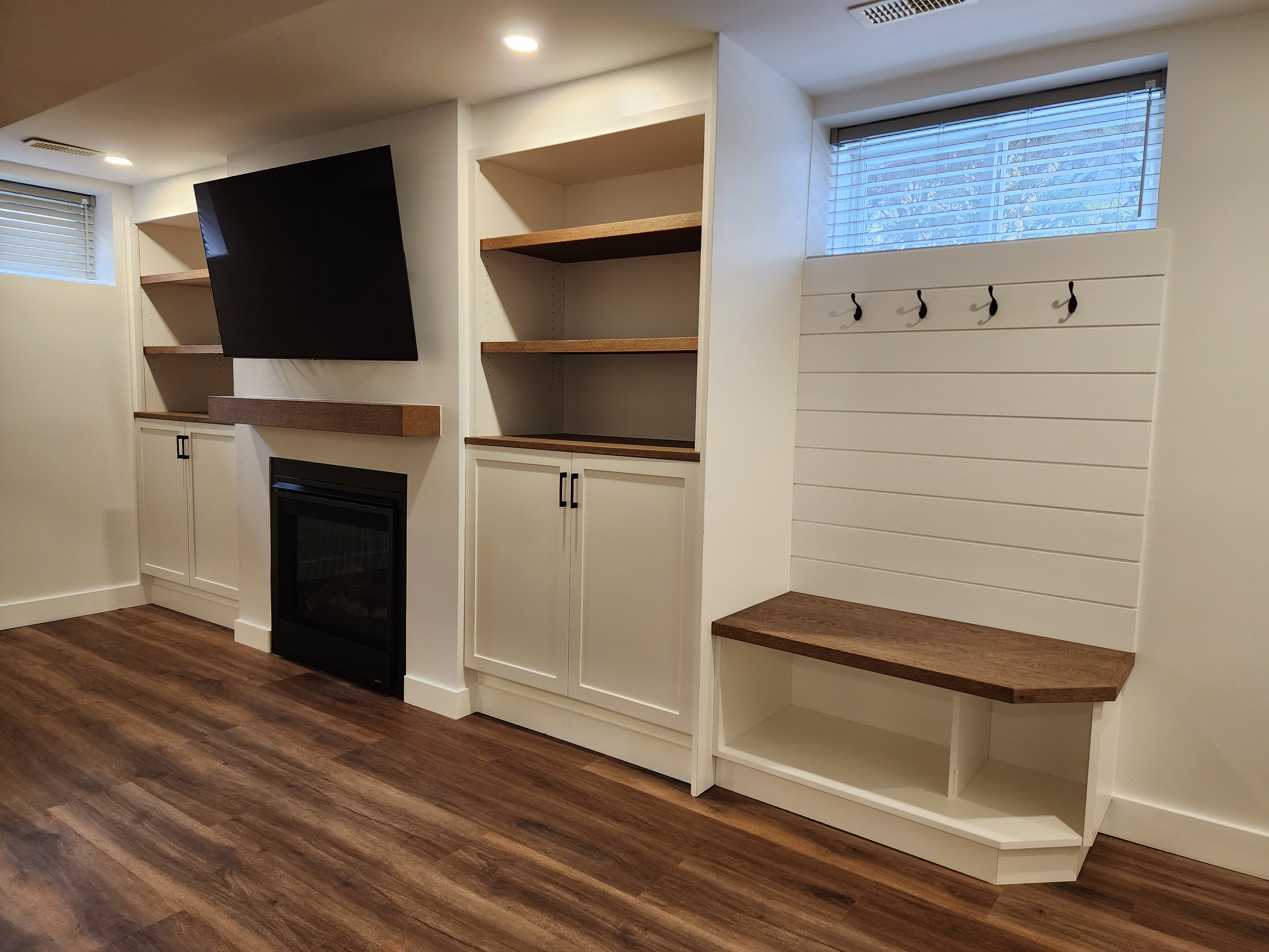 White shaker, with oak accent shelves and bench top